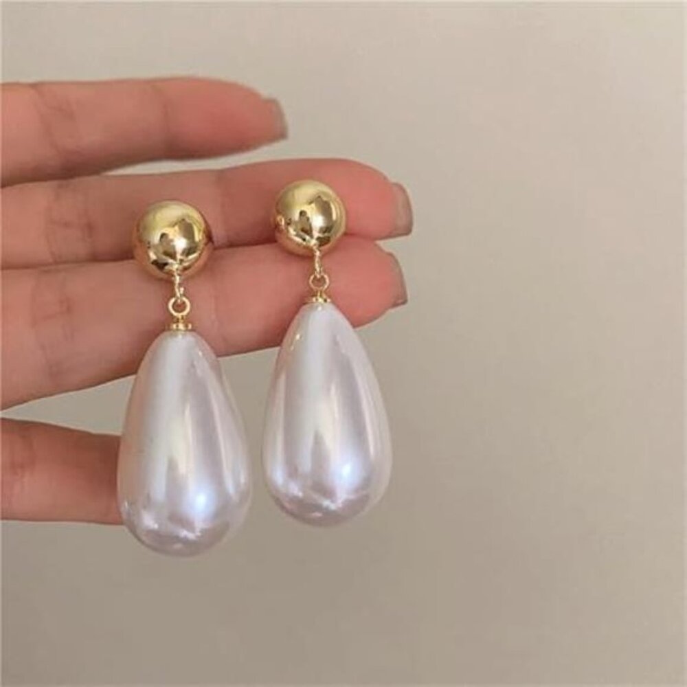 Pearl Chunky Waterdrop Earrings – Elegant Gold Alloy Design, Statement - Picture 1 of 6